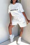 White Fashion Casual Letter Print Basic O Neck Short Sleeve Two Pieces