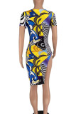 Light purple yellow sky blue Sexy Print Asymmetrical U Neck Irregular Dress Dresses