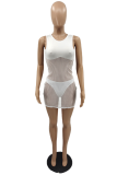 White Sexy Solid Mesh O Neck Short Sleeve Two Pieces