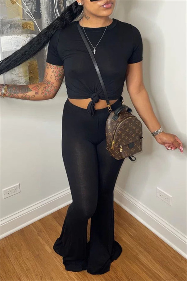 Black Fashion Casual Solid Basic O Neck Short Sleeve Two Pieces