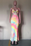 Colour Sexy Patchwork Hollowed Out Tie-dye Spaghetti Strap Pencil Skirt Dresses