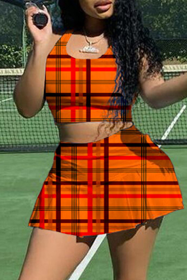Orange Casual Sportswear Plaid Print Vests U Neck Sleeveless Two Pieces