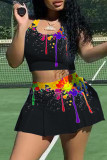 Grey Sexy Casual Print Vests U Neck Sleeveless Two Pieces