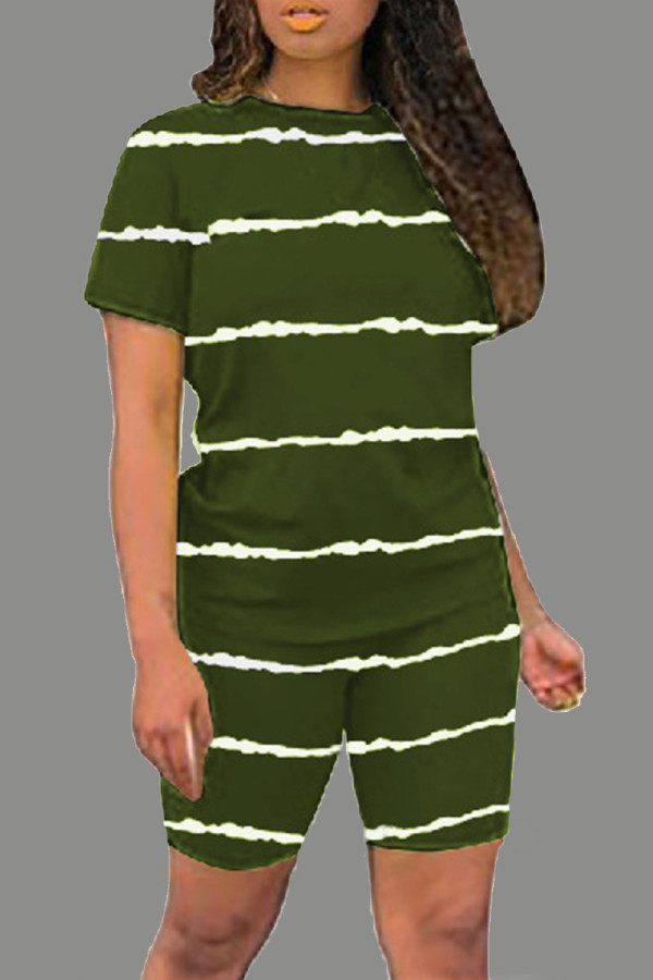 Army Green Casual Striped Patchwork O Neck Short Sleeve Two Pieces