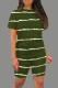 Army Green Casual Striped Patchwork O Neck Short Sleeve Two Pieces