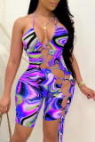 Light Blue Sexy Print Patchwork Swimwears