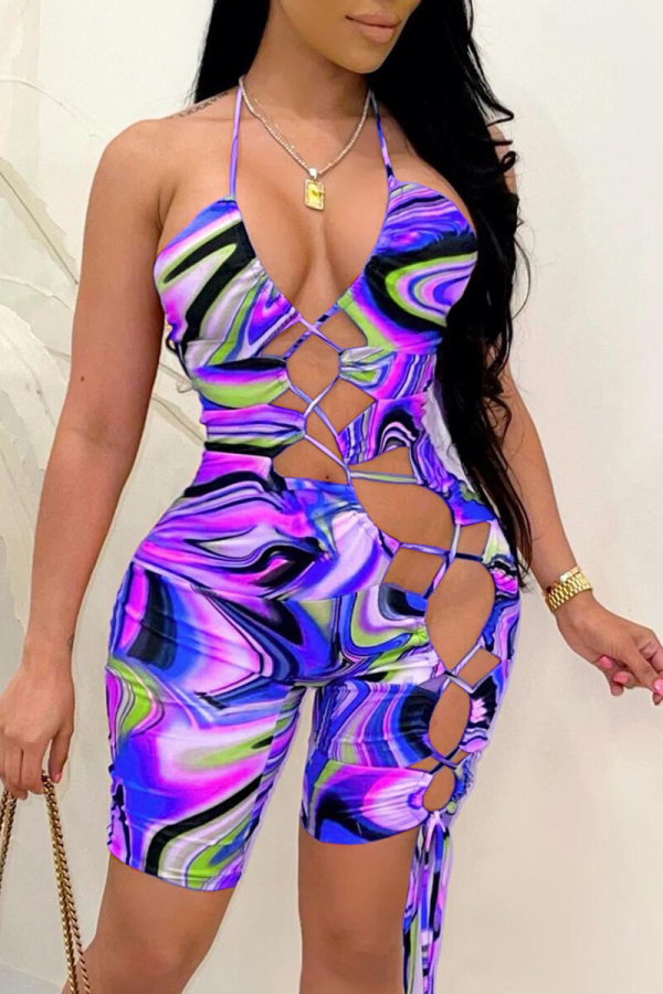 Purple Sexy Print Patchwork Swimwears