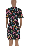 Multicolor Casual Print Split Joint O Neck Straight Dresses