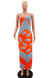 Blue Sexy Print Patchwork Spaghetti Strap Straight Dresses
