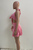 Pink Casual Solid Patchwork V Neck Sleeveless Two Pieces