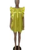 Yellow Casual Solid Split Joint Flounce Fold O Neck Tops