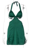 Rose Red Sexy Solid Bandage Hollowed Out Patchwork Asymmetrical Halter A Line Dresses
