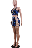 Blue Sexy Print Hollowed Out V Neck Sleeveless Two Pieces