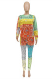 Orange Fashion Casual Irregular Print Patchwork Zipper O Neck Short Sleeve Two Pieces