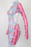 Green Sexy Print Hollowed Out Half A Turtleneck Pencil Skirt Dresses