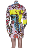 Colour Casual Print Patchwork Turndown Collar Shirt Dress Dresses