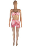 Red Fashion Sexy Plaid Print Backless Spaghetti Strap Sleeveless Two Pieces