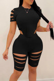 Black Casual Solid Hollowed Out Patchwork Asymmetrical O Neck Short Sleeve Two Pieces