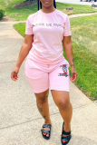 Pink Casual Print Patchwork O Neck Short Sleeve Two Pieces