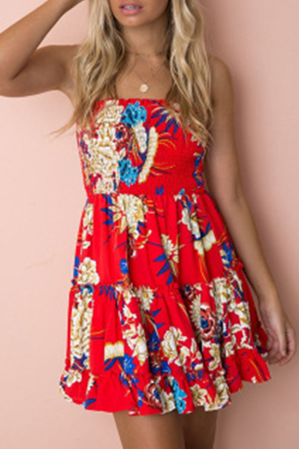 Red Fashion Street Print Patchwork Strapless A Line Dresses