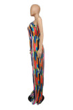 Multicolor Sexy Casual Striped Print Backless Spaghetti Strap Plus Size Jumpsuits