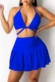 Yellow Sexy Solid Bandage Patchwork Fold Halter Two Pieces