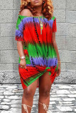 Yellow Red Casual Print Tie Dye Split Joint O Neck Straight Dresses