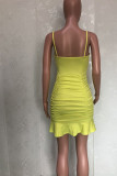 Yellow Casual Solid Split Joint Flounce Fold Spaghetti Strap Sling Dress Dresses