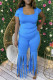 Blue Fashion Casual Solid Tassel Pants O Neck Short Sleeve Two Pieces