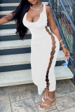 White Sexy Hollowed Out U Neck Pencil Skirt Dresses