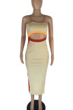 Apricot Casual Print Hollowed Out Patchwork Spaghetti Strap Pencil Skirt Dresses