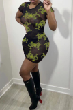 Black Sexy Print See-through Mesh O Neck Pencil Skirt Dresses