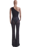 Black Fashion Sexy Patchwork See-through One Shoulder Skinny Jumpsuits
