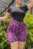 Yellow Fashion Casual Print Leopard Basic O Neck Short Sleeve Two Pieces