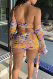 Yellow Sexy Print Hollowed Out Patchwork Frenulum Off the Shoulder Irregular Dress Dresses
