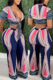 Navy Blue Sexy Print Bandage V Neck Short Sleeve Two Pieces