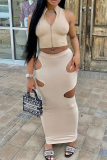 Red Sexy Solid Hollowed Out Zipper Collar Sleeveless Two Pieces