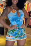 Blue Sexy Print Hollowed Out Halter Skinny Rompers