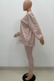 Khaki Casual Patchwork Tie-dye O Neck Long Sleeve Two Pieces