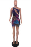 Multicolor Fashion Sexy Print Hollowed Out Backless One Shoulder Sleeveless Dress