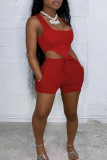 Red Casual Sportswear Solid Asymmetrical U Neck Sleeveless Two Pieces