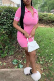Pink Fashion Casual Solid Basic Turndown Collar Short Sleeve Dress