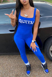 Blue Fashion Casual Letter Print Basic Square Collar Skinny Jumpsuits