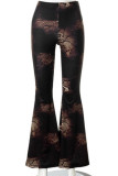 Dark Brown Street Print Patchwork Boot Cut High Waist Speaker Full Print Bottoms