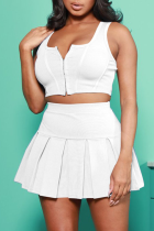 White Casual Solid Split Joint V Neck Sleeveless Two Pieces