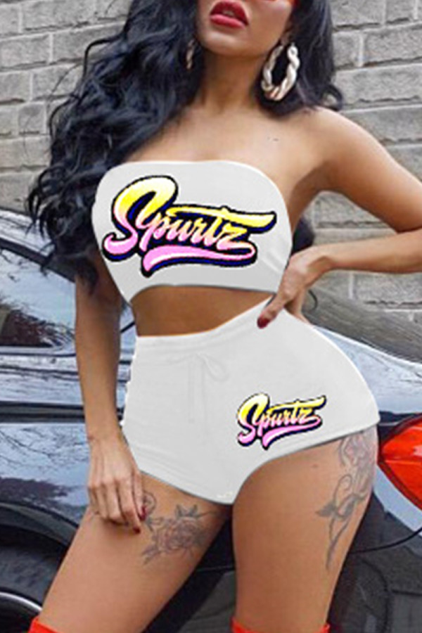 White Sexy Casual Letter Print Backless Strapless Sleeveless Two Pieces