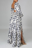 Multicolor Fashion Sexy Print Hollowed Out Backless Slit V Neck Long Sleeve Dresses