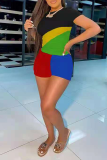 Red Casual Color Block Patchwork O Neck Short Sleeve Two Pieces