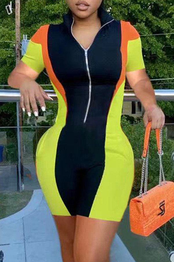 Green Fashion Casual Patchwork Basic Zipper Collar Regular Romper