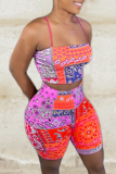 Red Sexy Print Patchwork Spaghetti Strap Sleeveless Two Pieces